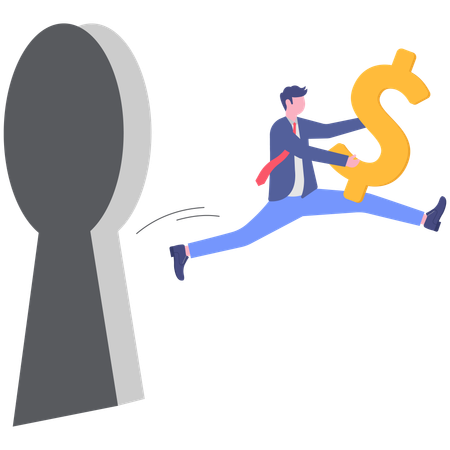 Businessman come out from key hole with dollar sign  Illustration