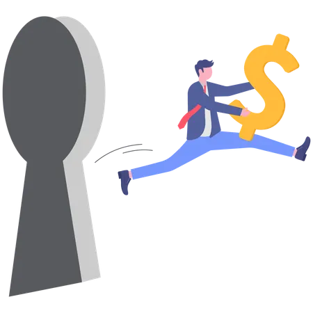 Businessman come out from key hole with dollar sign  Illustration