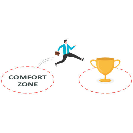 Businessman come out of comfort zone to success with winner trophy  Illustration