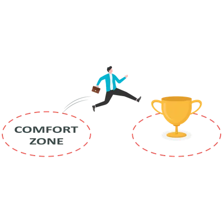 Businessman come out of comfort zone to success with winner trophy  Illustration