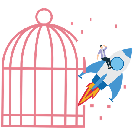 Businessman coming out from cage while working on new business startup  Illustration