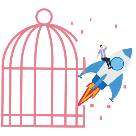 Businessman coming out from cage while working on new business startup  Illustration
