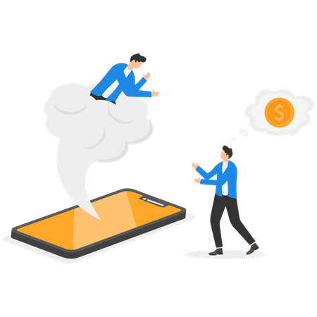 Businessman coming out on cloud from mobile and asking for money  Illustration