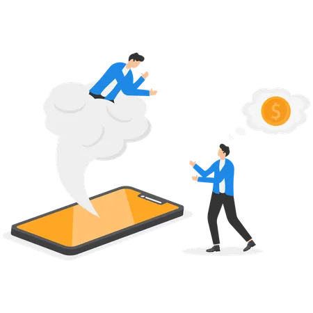 Businessman coming out on cloud from mobile and asking for money  Illustration