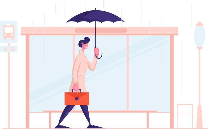 Businessman commuting to office during monsoon season Illustration