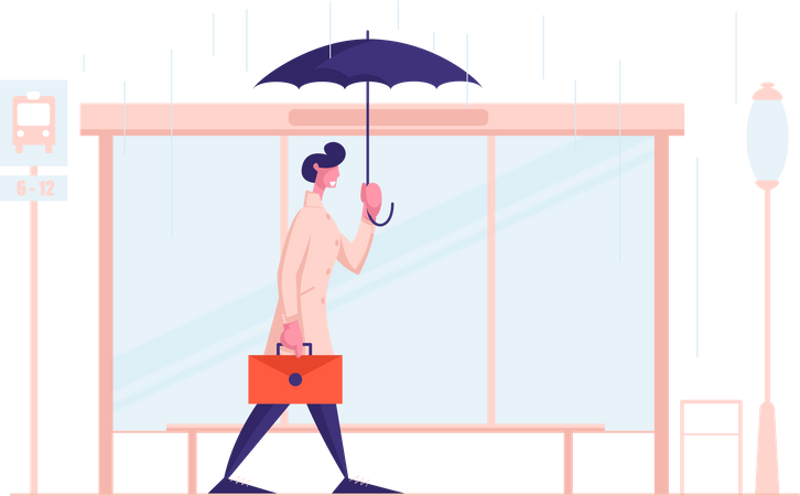 Businessman commuting to office during monsoon season  Illustration