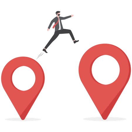 Businessman company owner jumping from map navigation pin to new one metaphor of relocation  Illustration