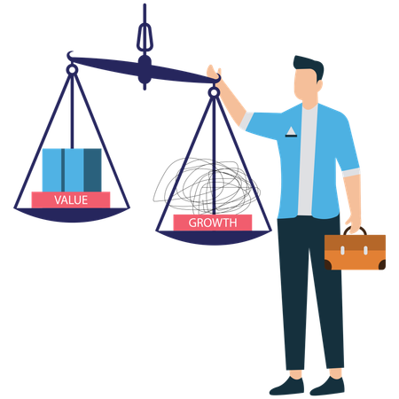Businessman Comparing Value and Growth Stocks on Scale  Illustration