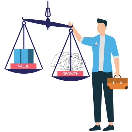 Businessman Comparing Value and Growth Stocks on Scale  Illustration