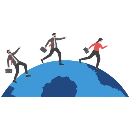 Businessman compete by running away and catch each other on the world  Illustration