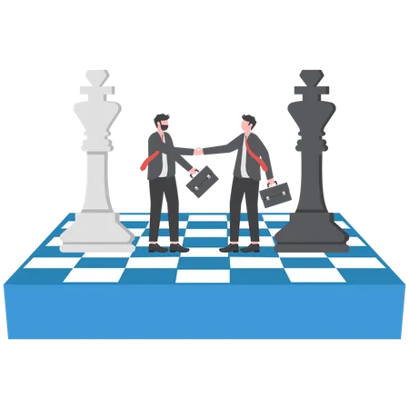 Businessman competitors standing on chess handshaking after finish agreement  Illustration