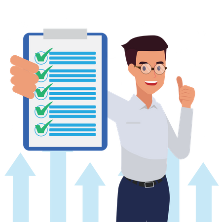 Businessman complete list and showing thumbs up Illustration