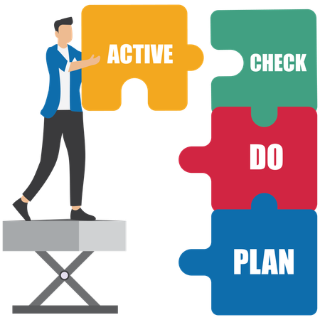 Businessman complete puzzle that says plan do check action  Illustration