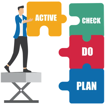 Businessman complete puzzle that says plan do check action  Illustration