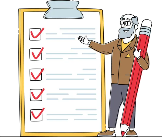 Businessman Character Presenting Check List With Filled Marks In Boxes Checklist Searching Solution Planning Deals Or Thinking New Ideas Task Or Questionnaire Result Linear Vector Illustration Illustration