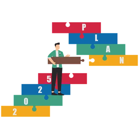 Businessman completes puzzle bridge towards 2025 target plan  Illustration