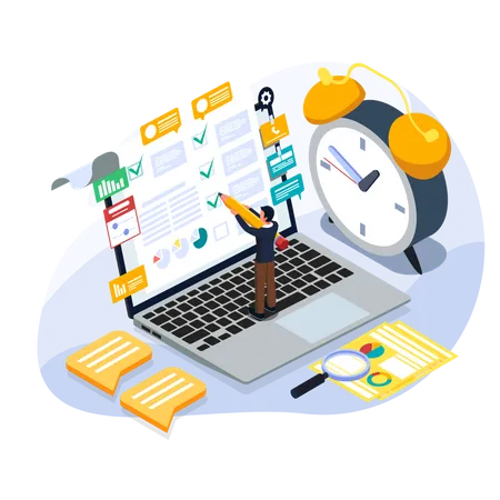 Businessman Write Check At To Do List For Manage Work Time Male With Laptop Alarm Notes Isometric Project Management Planning And Keeping Score Of The Completed Tasks Concept Vector Illustration