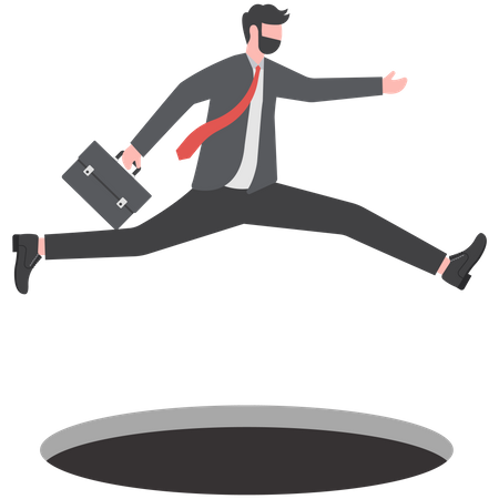 Businessman confidently jumping over a hole  イラスト