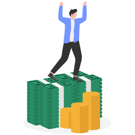 Businessman confidently sitting on tall stack of money  Illustration