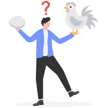Businessman confused between chicken and egg  Illustration