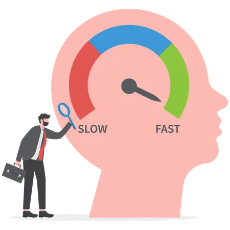 Fast And Slow Skill Growth Mindset Concept Doctor Training Speedometer Icon From Human Heads Silhouette Fast Self Improvement Fast Decision Making Flat Vector Illustration イラスト