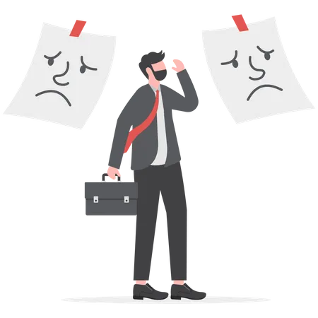 Businessman Confused Mixed Emotions Of Happiness And Sadness Under Mask Imposter Syndrome Bipolar Disorder Fake Faces And Emotions Psychology False Behavior Or Deceiver Vector Illustrator Illustration