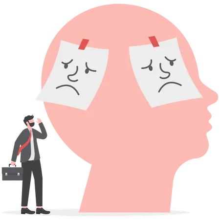 Businessman Confused Mixed Emotions Of Happiness And Sadness Under Mask Imposter Syndrome Bipolar Disorder Fake Faces And Emotions Psychology False Behavior Or Deceiver Vector Illustrator Illustration