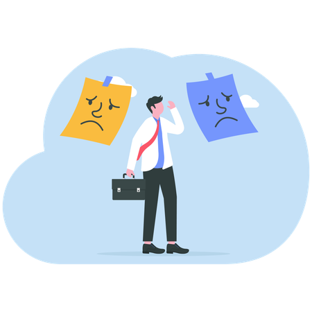 Businessman confused Mixed emotions of happiness and sadness under mask  Illustration