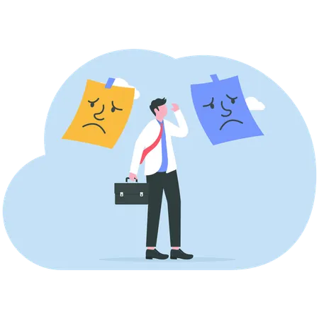 Businessman confused Mixed emotions of happiness and sadness under mask  Illustration