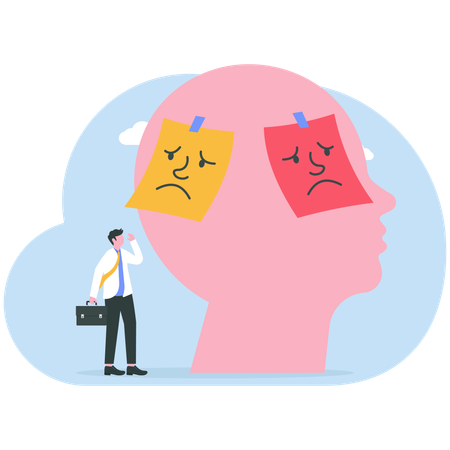 Businessman confused Mixed emotions of happiness and sadness under mask  Illustration