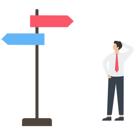 Businessman confused with direction sign  Illustration
