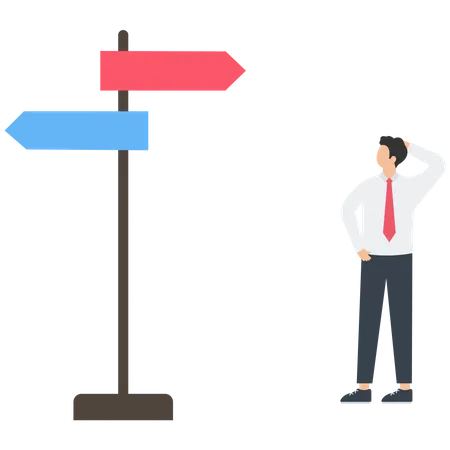 Businessman confused with direction sign  Illustration