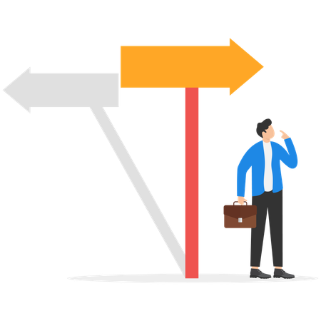 Businessman confused with the direction of the arrow sign  Illustration