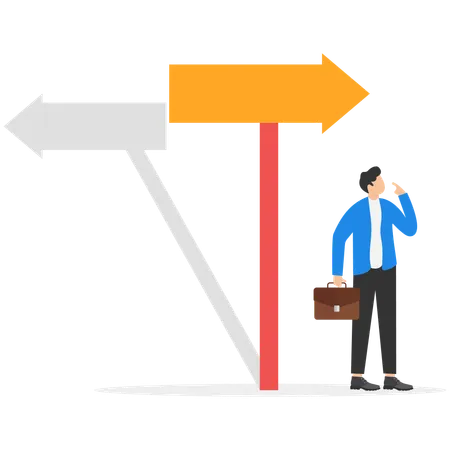 Businessman confused with the direction of the arrow sign  イラスト