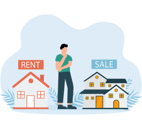 Businessman confuses with House Rent And Sale  Illustration