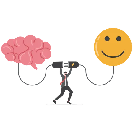 Businessmen Connect Plug Brain And Happiness Mood Happiness And Positive Thinking Optimism Or Motivation To Live Happy Life Concept Illustration