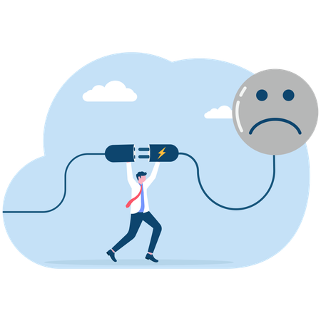 Businessman connect plug with bad mood to power socket  Illustration