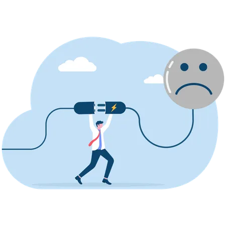 Businessman connect plug with bad mood to power socket  Illustration