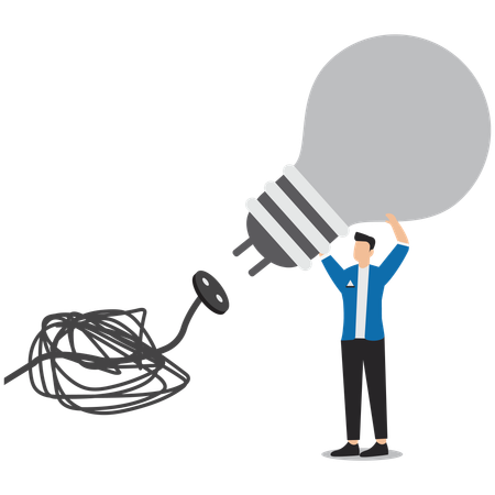 Businessman connect plug with light bulb idea to messy line of cable  Illustration