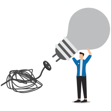 Businessman connect plug with light bulb idea to messy line of cable  Illustration