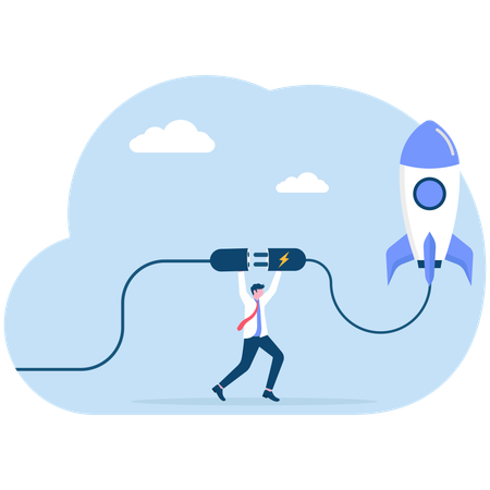 Businessman connect plug with rocket to power socket to charge rocket for launching new product  Illustration