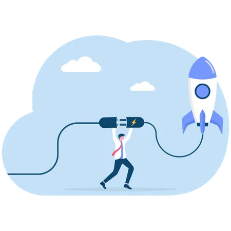 Businessman connect plug with rocket to power socket to charge rocket for launching new product  Illustration