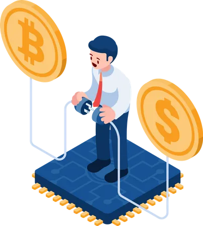 Flat 3 D Isometric Businessman Connecting Bitcoin And Dollar Bitcoin And Blockchain Technology Concept Illustration