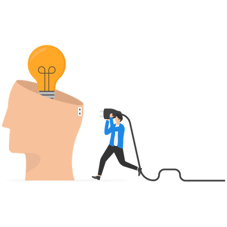 Businessman connects electricity to the human head with new innovation  Illustration