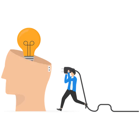 Power Up Optimism Businessman Connects Electricity To The Human Head With New Innovation And Idea Vector Illustration In Flat Style Illustration