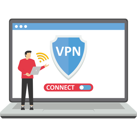 사업가가 자신의 컴퓨터를 VPN 보안으로 연결합니다.  일러스트레이션