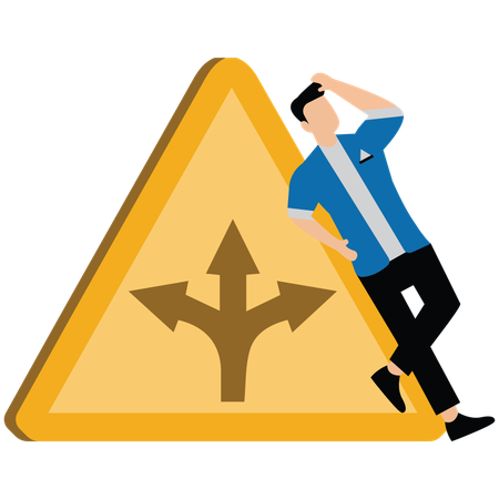 Businessman contemplate which way to go with fork road yellow warning sign to decide career path  Illustration