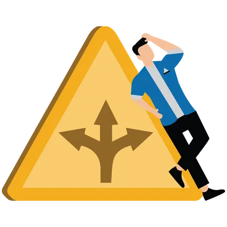 Businessman contemplate which way to go with fork road yellow warning sign to decide career path  Illustration
