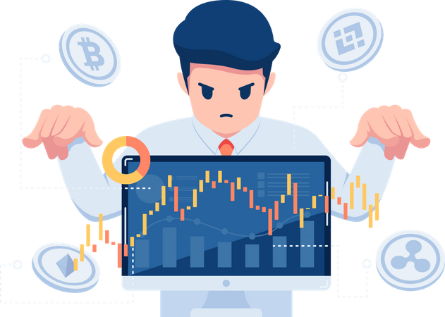 Businessman Controlling Cryptocurrency Trading Market Illustration