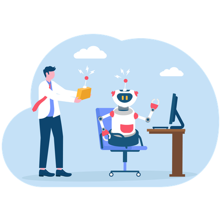 Businessman controlling robot at office desk with remote control  Illustration